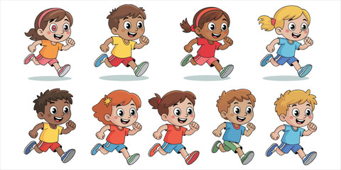 Fototapeta premium Eight Diverse Cartoon Children Running In Two Rows On White Background Keywords: children, kids, running, race, sport, activity