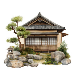 Japanese tea house or tea ceremony room, 2D watercolor painting.
