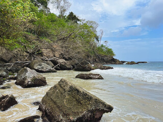 Scenic Coastal Landscape of a Secluded Rocky Bay with Green Forest and Ocean Waves