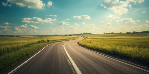 Fototapeta premium Country road lined with greenery under clear blue sky and fluffy clouds, ideal for outdoor activities