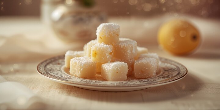 Rahat lokum Turkish delight with sugar coating, highlighting artisanal dessert preparation
