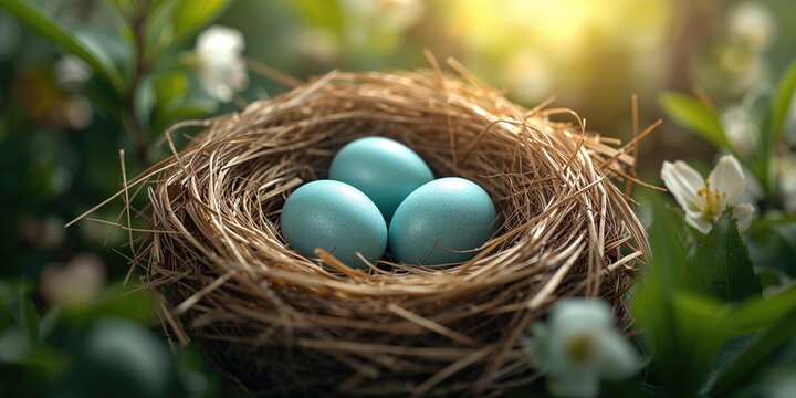 Nest with robin's eggs, avian breeding site, early spring