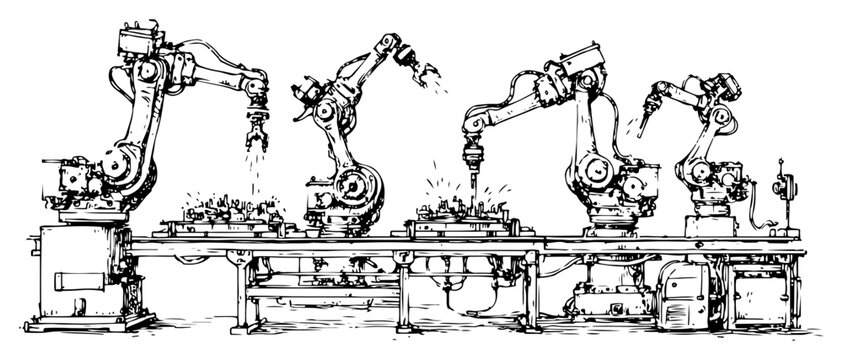 Hand drawn industrial robotic arms on assembly line in factory