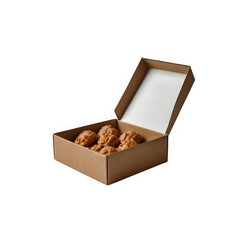 Delicious fried chicken pieces packed in a brown cardboard box on transparent background
