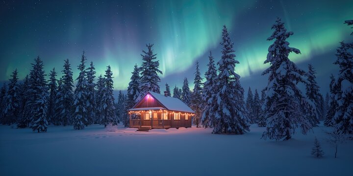 Snowy forest with a rustic wooden cabin lit by interior lights, nighttime winter landscape for seasonal holiday observance - Powered by Adobe