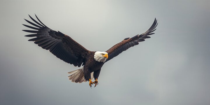 Closeup of a bald eagle soaring against the sky highlighting wing details, used for nature photography backgrounds