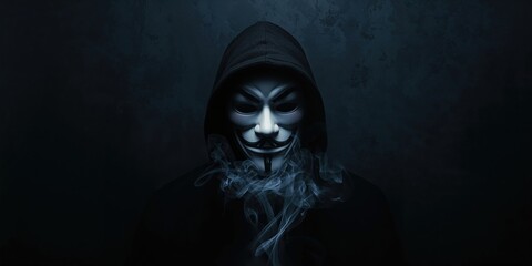White mask with glowing eyes and smoke on dark background, cybersecurity threats