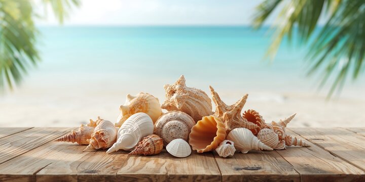 Collection of seashells including scallops, cowrie, and tulip star displayed on a rustic wooden surface, marine biodiversity focus