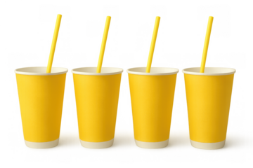 Four yellow paper cups with yellow straws, ready for a cold drink. Disposable beverage packaging for catering and takeaway