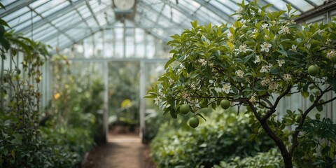 Plants inside a greenhouse garden, suitable for educational or botanical background use