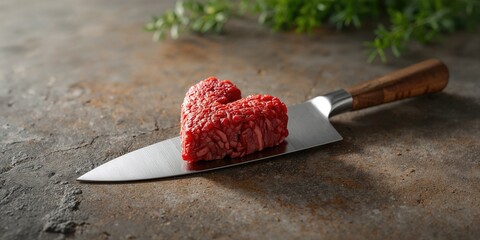 Minced meat shaped like a heart resting on a knife against a stone surface, highlighting meat preparation practices