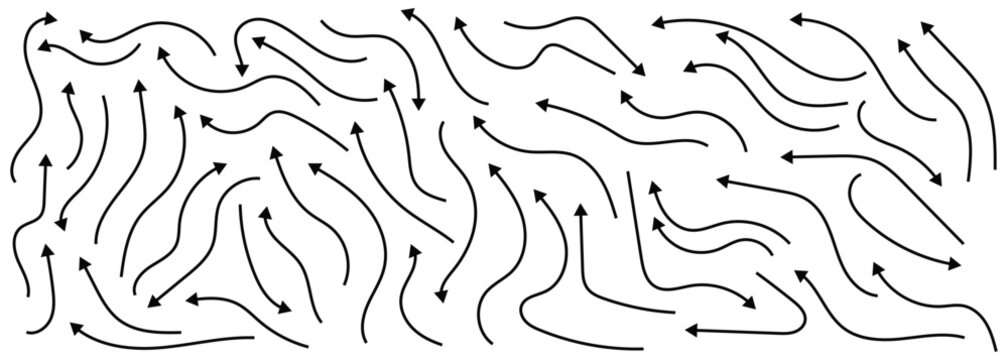 Collection of hand drawn thin curve arrows showing doodle directions. Thin line arrows with different design and direction. Doodle arrow set isolated on white background.