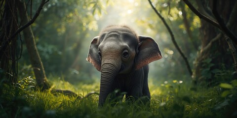Young Thai elephant lying on the ground in a lush environment, highlighting endangered species preservation