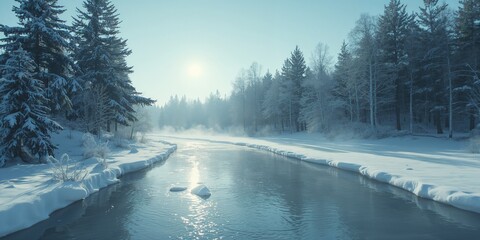 Snowy forest scene featuring a frozen waterway and winter landscape, highlighting seasonal transition