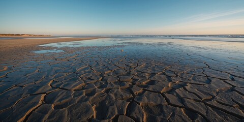 Wet cracked soil exposed at low tide with sunlight reflection, illustrating shoreline erosion processes