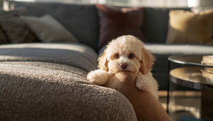 Young poodle dog with a curious expression chewing on a cushion, pet behavior