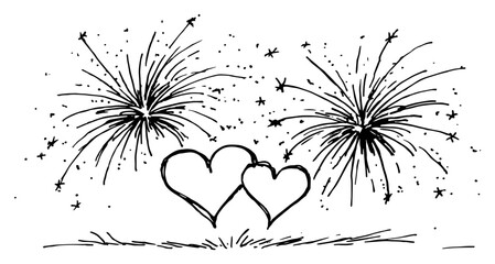 Two hearts with exploding fireworks celebration sketch illustration © Tomas