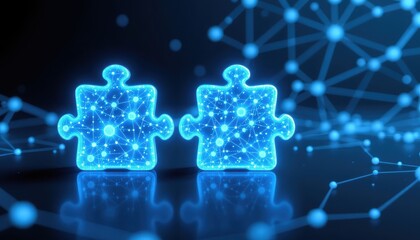 Digital Puzzle Pieces with Glowing Network Connections on Dark Background for Technology Concept