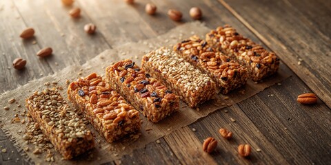 Homemade snack bars containing nuts, seeds, and dried fruits displayed on a wooden table, emphasizing healthy ingredients