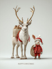 Cheerful Father Christmas stands next to a reindeer with toys sack, whimsical holiday scene, bright festive illustration, traditional winter character design, joyful seasonal warmth cheer.