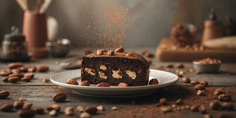 Rich chocolate brownie featuring mixed nuts and chunks, ideal for indulgent treat photography