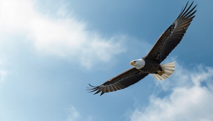Obraz premium Majestic bald eagle soaring with wings spread wide, highlighting strength and freedom, wildlife preservation day