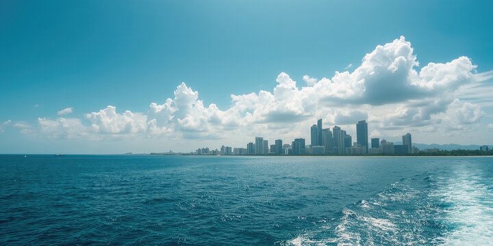 Panoramic shot of Dakar's cityscape from water, contemporary architecture and open sky, urban planning observance