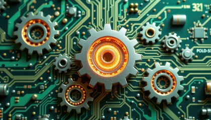 Intricate Circuit Board with Gears Showing Interconnectedness of Technology and Innovation in Industrial Design