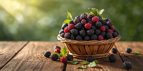 Fresh blackberries in a wicker basket on wooden surface, organic produce, World Food Day