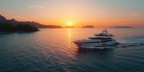 Naklejka premium Luxury crewed motor yacht near a scenic destination, highlighting vessel maintenance and operational efficiency, World Maritime Day