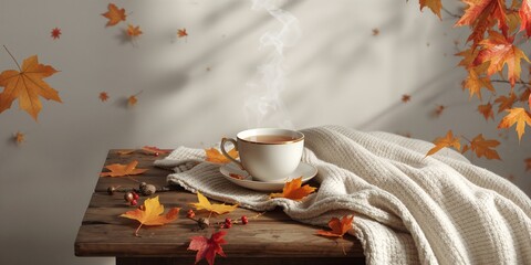 White backdrop featuring fallen leaves and a tea cup, suitable for layout and textual overlay in seasonal design