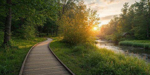 Obraz premium Pathway through lush greenery leading to a picnic area, ideal for outdoor dining and leisure activities