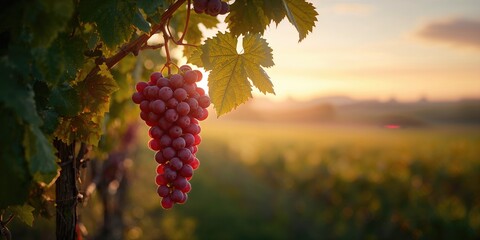 Obraz premium Vineyard with ripe red grapes ready for picking, highlighting seasonal agriculture and harvest activity