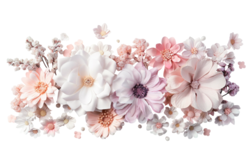 Colorful mix of pastel flowers placed together showing their shapes and sizes. This collection of blooms features various flower types and styles ideal for decoration or crafting needs