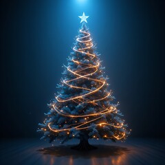 Elegant abstract Christmas tree design rendered with glowing gold wireframe and illuminated lights, topped with a bright star.