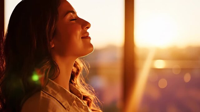 A woman stands in silhouette, gazing out at the warm sunset through a window. The sunlight creates a soft glow, highlighting her hair as she enjoys the peaceful evening.