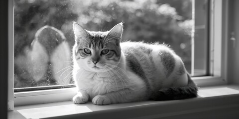 Black and white portrait of a cat resting on a window sill, feline relaxation and tranquil daytime setting