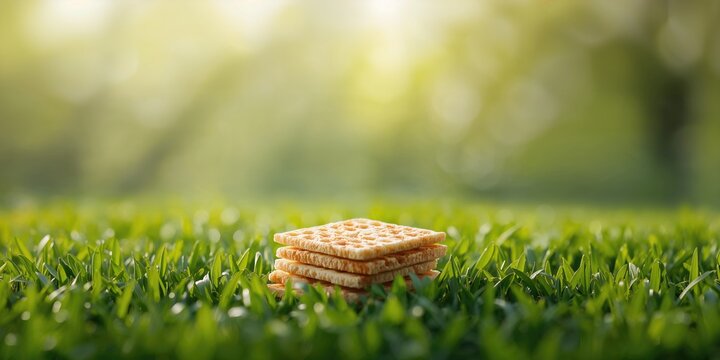 Matzo, unleavened bread for Passover, placed on a vibrant green surface, Jewish holiday preparation