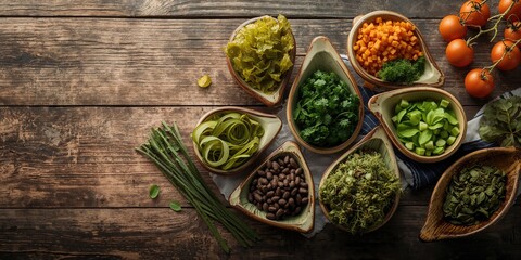 Seaweed arranged in teardrop forms on weathered wood, highlighting marine plant-based nutrition, Earth Day