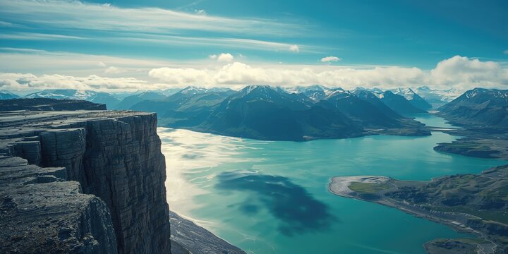 Expansive high-altitude scene showing glacier, lake, and rugged mountain range, highlighting natural landscape diversity - Powered by Adobe