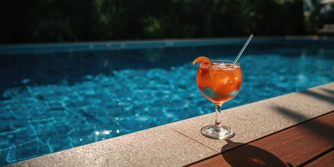 Cold drink served beside a swimming pool on a bright day, ideal for poolside relaxation