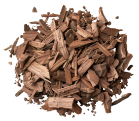 Brown woodchips are arranged in a top view layout. The woodchips show a rich and realistic texture suitable for background or graphic design. The background remains transparent