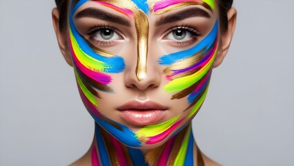 Fototapeta premium Stunning close up portrait of a woman with vibrant artistic makeup and gold accents against gray