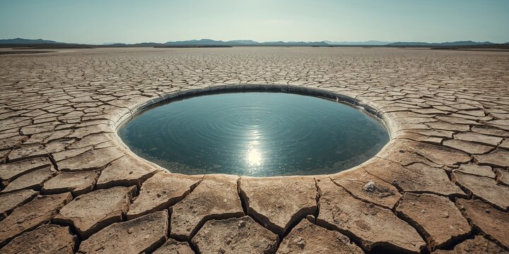 Cracked reservoir surface with floating fish ponds in a dry season setting, highlighting environmental impact