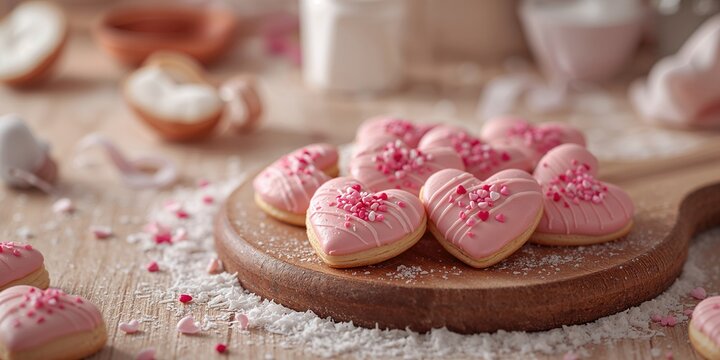 Valentines Day cookies featuring pink hearts, icing decoration, and sprinkles, for festive occasions
