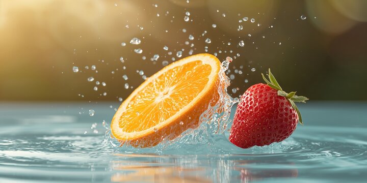 Juicy orange segment entering the water alongside a strawberry burst, highlighting fresh fruit texture