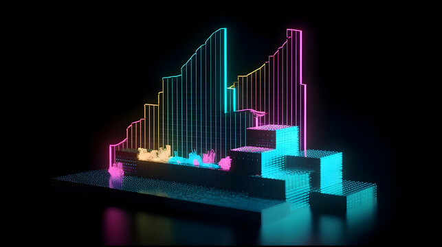Abstract Neon Data Growth: Vibrant Glowing Graph and Pixel Blocks on Dark Reflective Surface - Powered by Adobe