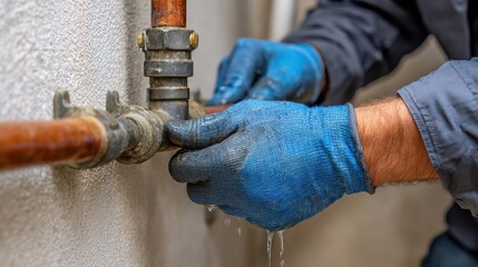 A plumber fixes a leaking pipe using professional tools during routine plumbing work.
