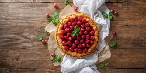 Tasty cake topped with berries on a wooden table surface, fruit-rich desserts, World Food Day