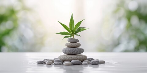 Naklejka premium Cannabis plant growing among pebbles, highlighting sustainable cultivation, World Cannabis Day